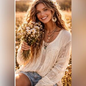 🆕 POL Lace Me Later Mesh Balloon Sleeve Blouse Cream